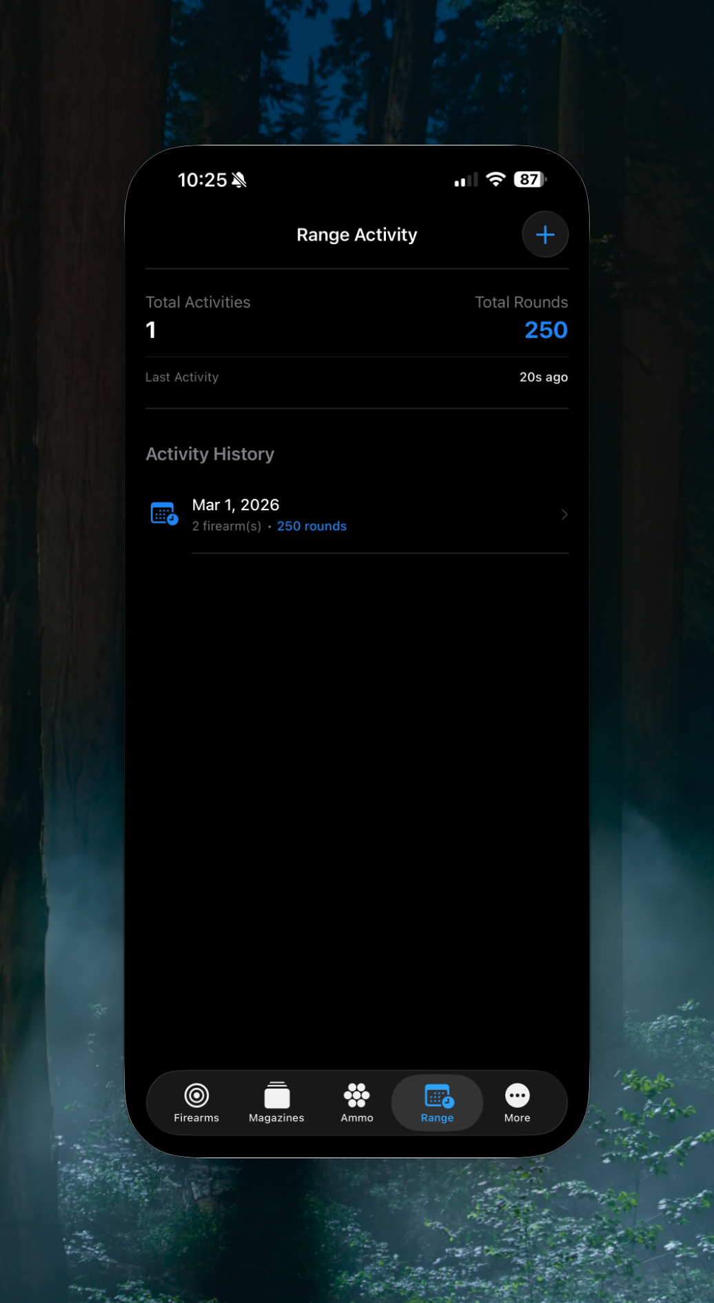 iPhone — Range activity history with total rounds and session log